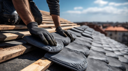Worker laying ceramic tiles on the roof of a residential building.の素材