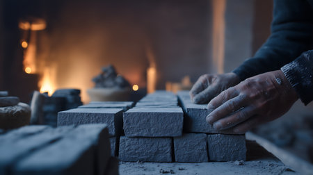 A man builds a brick in the fireplace. Selective focus.の素材