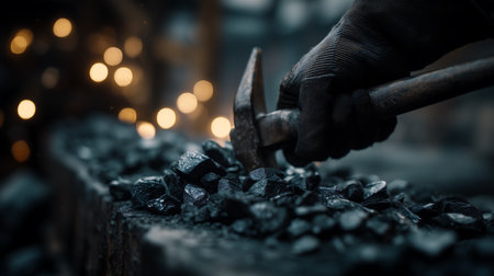 Close-up of blacksmith working with a hammer on a forgeの素材