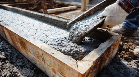Worker pouring concrete at a construction site, close-up.の素材