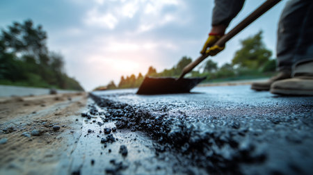 Worker leveling asphalt on the road with a shovel at sunset.の素材