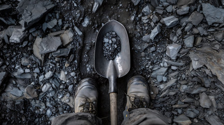 Shovel and shovel on the ground in the mountains. Toned.の素材