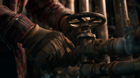 Close-up of oil and gas worker's hand holding a valve.の素材
