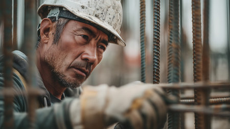 Portrait of a senior Asian man construction worker wearing safety helmet and hardhatの素材