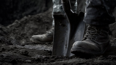 Close-up of a shovel in the hands of a construction workerの素材