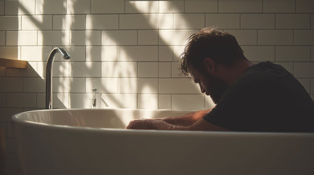 Man taking a bath in the bathroom with his back to the cameraの素材