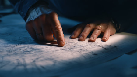 Close-up of a female architect working on a construction plan.の素材