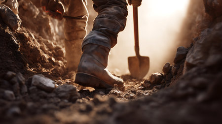 Close-up of a shovel in the hands of a miner.の素材