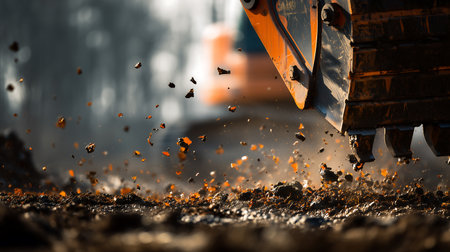 Close-up of excavator digging a hole in the ground.の素材