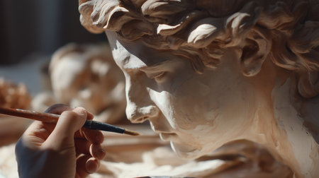 Close-up of a female artist painting a marble statue in her studioの素材
