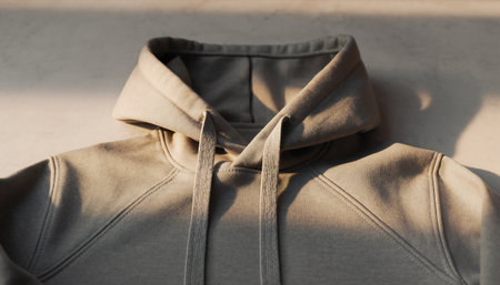 Close up of a gray hoodie on a white background with shadows.の素材