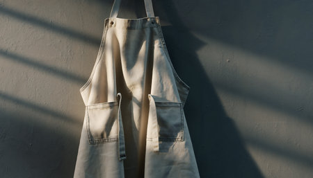 Dungarees hanging on the wall in the morning light.の素材