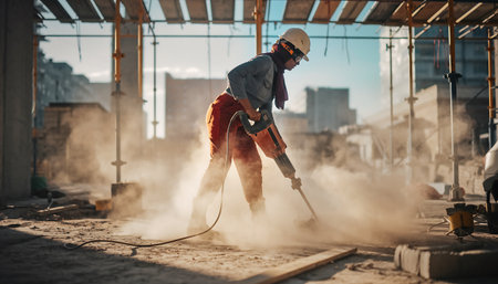 Industrial worker working with a grinder on a construction site.の素材