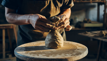 hands of a potter, creating an earthen jar on the circleの素材