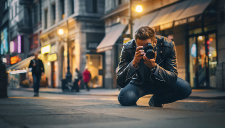 Handsome young man taking photos in the city at night.の素材