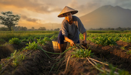 Vietnamese woman working in a vegetable garden at sunset, Vietnamの素材