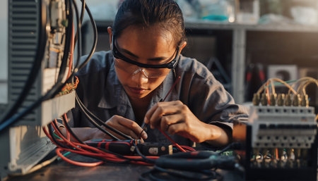 Technician repairing a computer in a workshop. Electrical engineer working on a computer.の素材