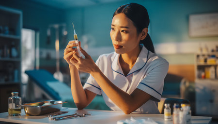 selective focus of asian nurse holding syringe while sitting at tableの素材