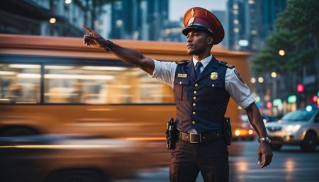 African american police officer in uniform directing traffic in city at nightの素材