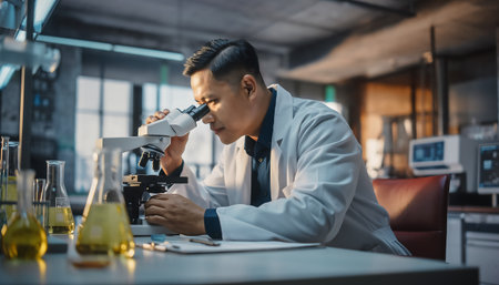 scientist working with microscope in laboratory, science research and development conceptの素材