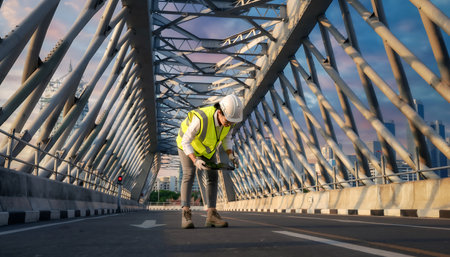 Engineer with safety vest and helmet on the bridge over the riverの素材