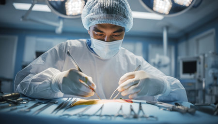 Portrait of surgeon performing operation on patient in operating room at hospitalの素材