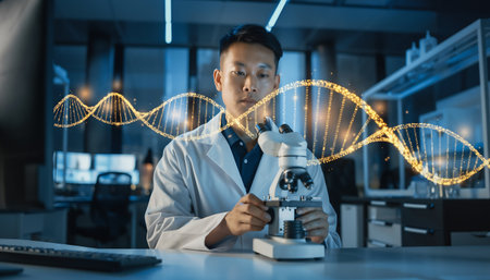 scientist working with microscope and dna molecule structure in laboratory at nightの素材