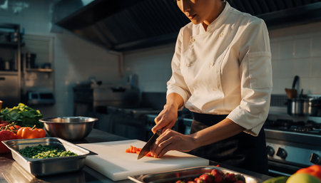 cropped shot of chef cutting vegetables on chopping board in restaurant kitchenの素材