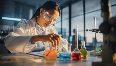 Female scientist working in the laboratory. She is wearing a white coat and glassesの素材