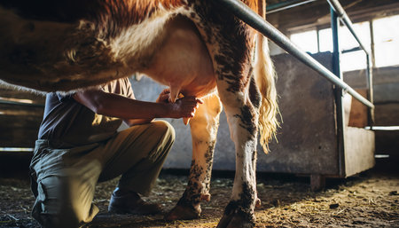 Farmer milking a cow in a stable. Animal husbandry.の素材