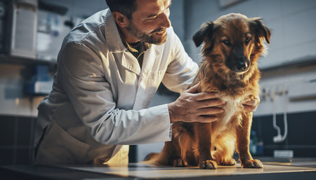 Cropped image of a veterinarian examining a dog in his office.の素材