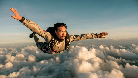Skydiving in the clouds. A man in a free fall.の素材