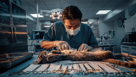 Veterinarian performing a cat surgery in a veterinary clinic. Veterinary medicine.の素材