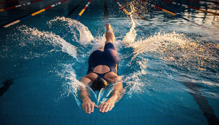 Male swimmer training in the swimming pool. The concept of a healthy lifestyle.の素材