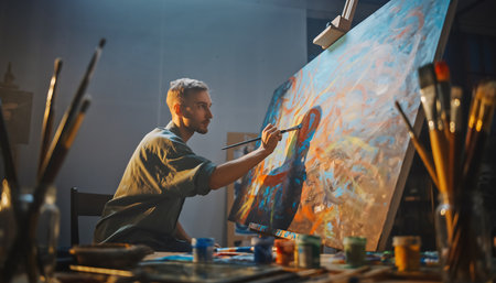 Portrait of a young artist painting on canvas in his studio.の素材