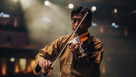 Asian male violinist playing on the stage in the night club.の素材