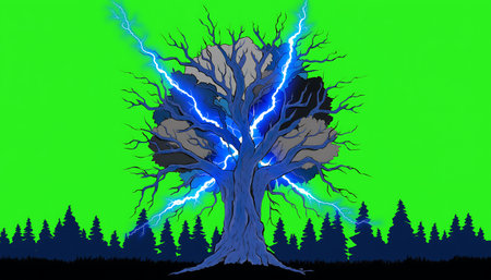Illustration of a tree with lightning in the background of the forestの素材
