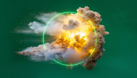 Nuclear explosion with green circle on green background. 3D renderingの素材