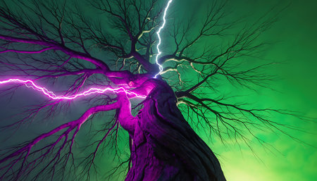 Conceptual image of lightning striking through a tree, 3d illustrationの素材