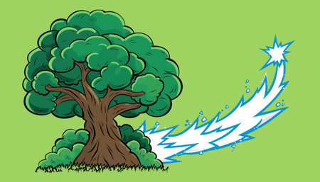 Illustration of a green tree with a lightning bolt in the backgroundの素材