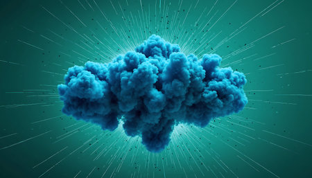 3d illustration of abstract blue cloud with rays on dark green backgroundの素材