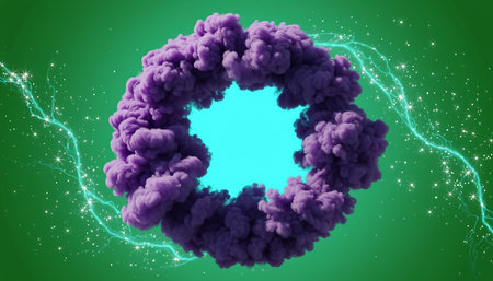3d illustration of abstract smoke cloud with light rays over green backgroundの素材