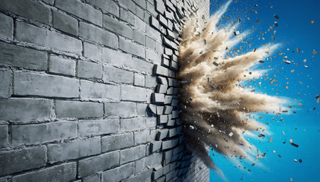 Conceptual image with explosion effect and brick wall as symbol of dangerの素材
