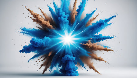 Explosion of blue smoke on white background. 3D Renderingの素材
