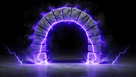 Arched stone arch with lightning in the dark. 3D renderingの素材