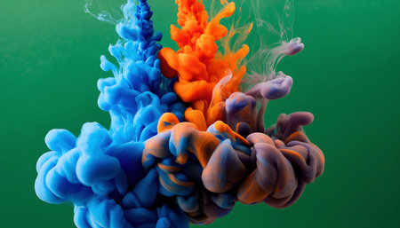 Colorful ink in water isolated on green background. Abstract background.の素材