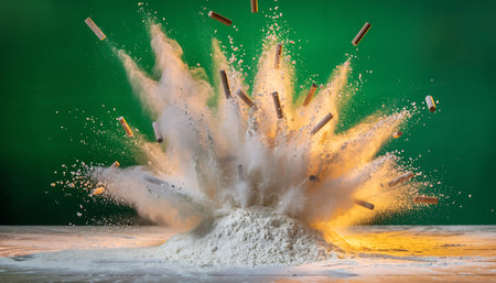 Explosion of white powder with flying pencils on green background.の素材