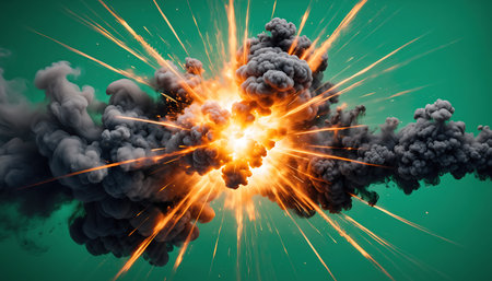 3D illustration of a big explosion with smoke and fire on a green backgroundの素材