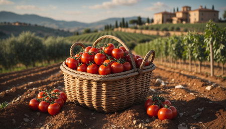 A rustic basket overflowing with ripe tomatoes sits in a Tuscan vineyard, with rolling hills and a villa in the background.の素材