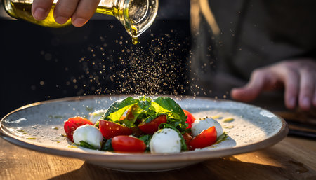 A vibrant Caprese salad is being prepared with fresh mozzarella, ripe tomatoes, and fragrant basil, drizzled with golden olive oil for a delicious and healthy meal.の素材